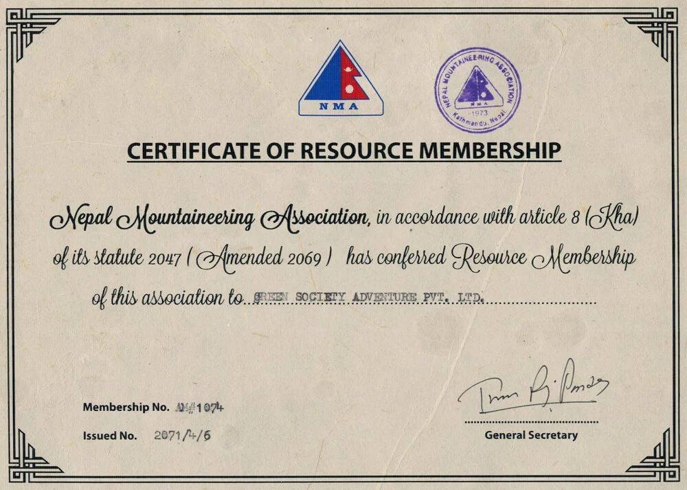 Certificate of Nepal Mountaineering Association