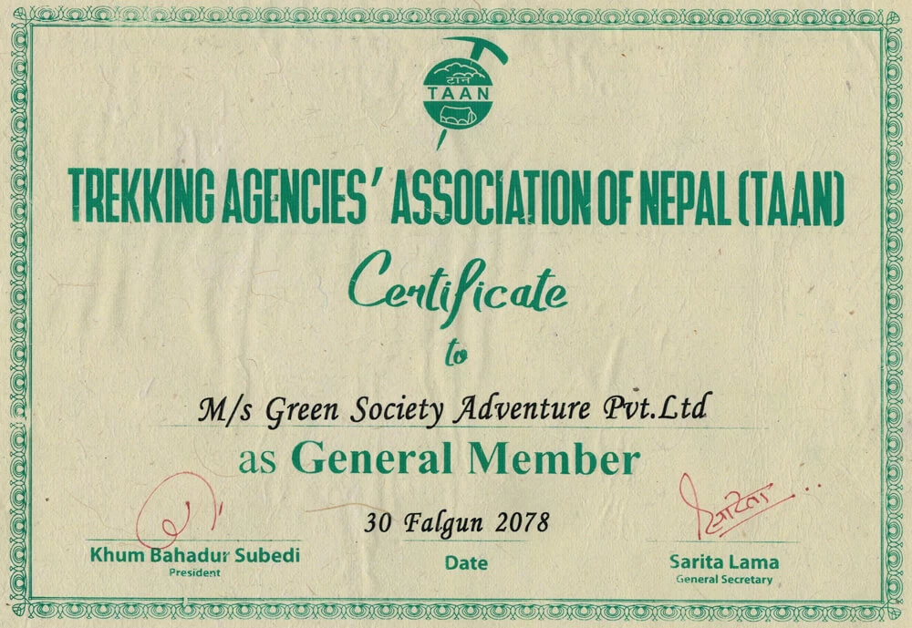 Certificate of Trekking Agencies' Association of Nepal